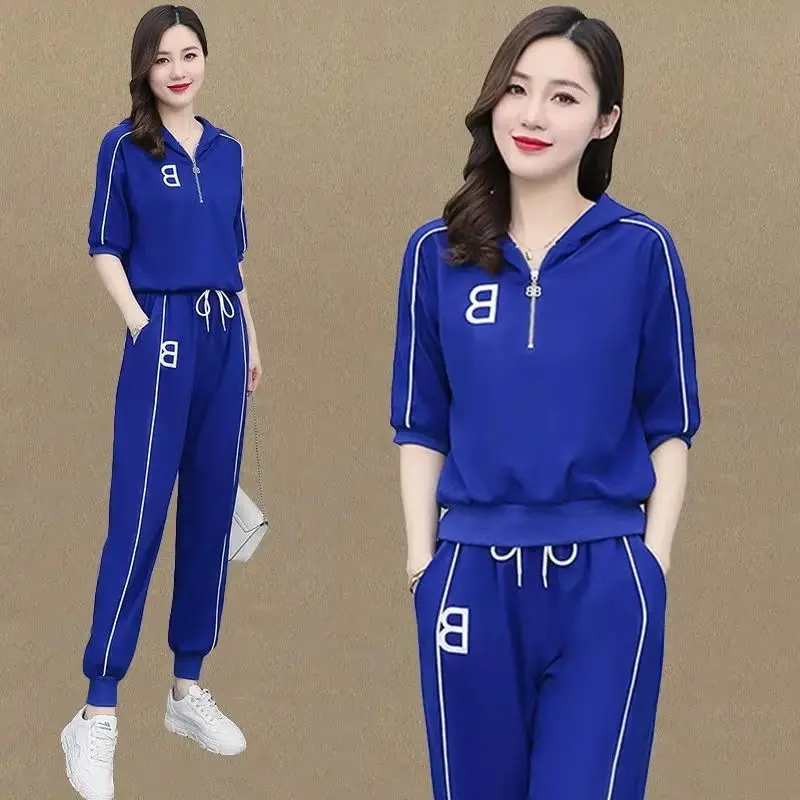 Women's Tracksuit 2025 Summer New Female Slim Leggings Pants Short Sleeves Top Casual Sets Of Two Fashion Pieces For Women Suit