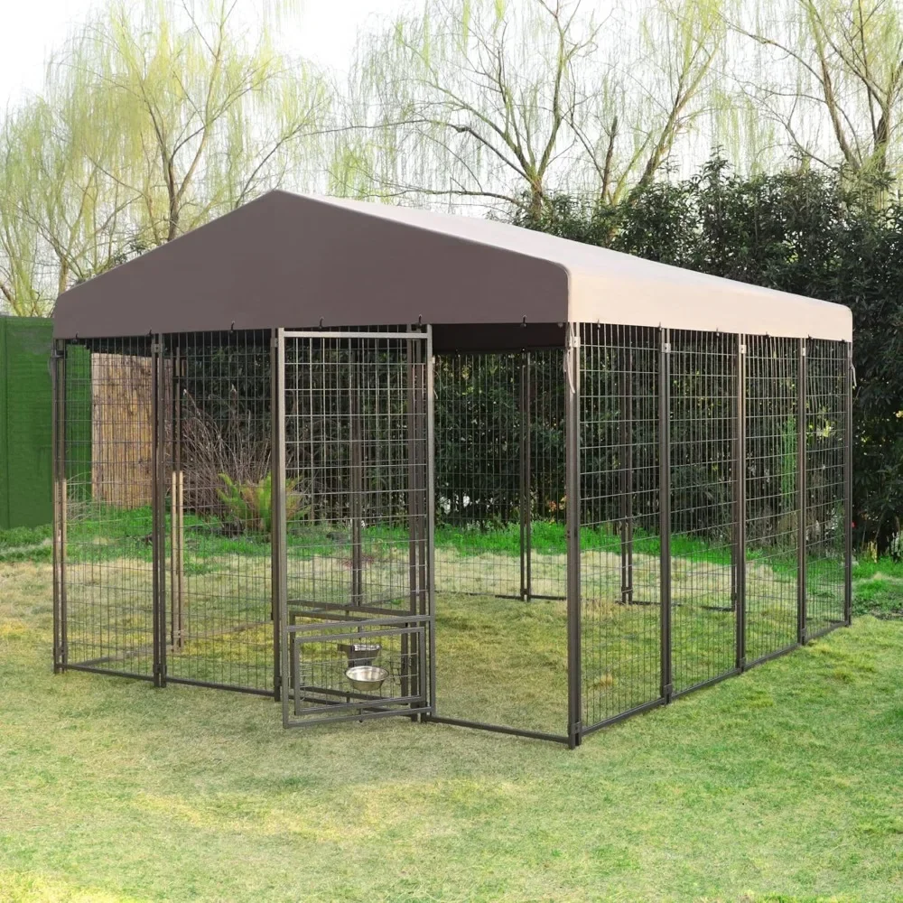 10’x10’ Outside Dog Kennel, Dog Cage Upgraded Canopy & Rotate Feeding Doors,  Dog Crate Powder Coated Steel Frame & 2 Bowls