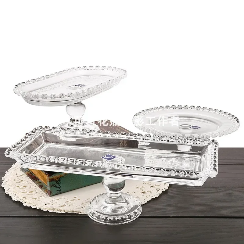 European-Style Transparent Glass Love Edge Home Pastry Fruit Plate High Leg Cake Display Tray Decoration