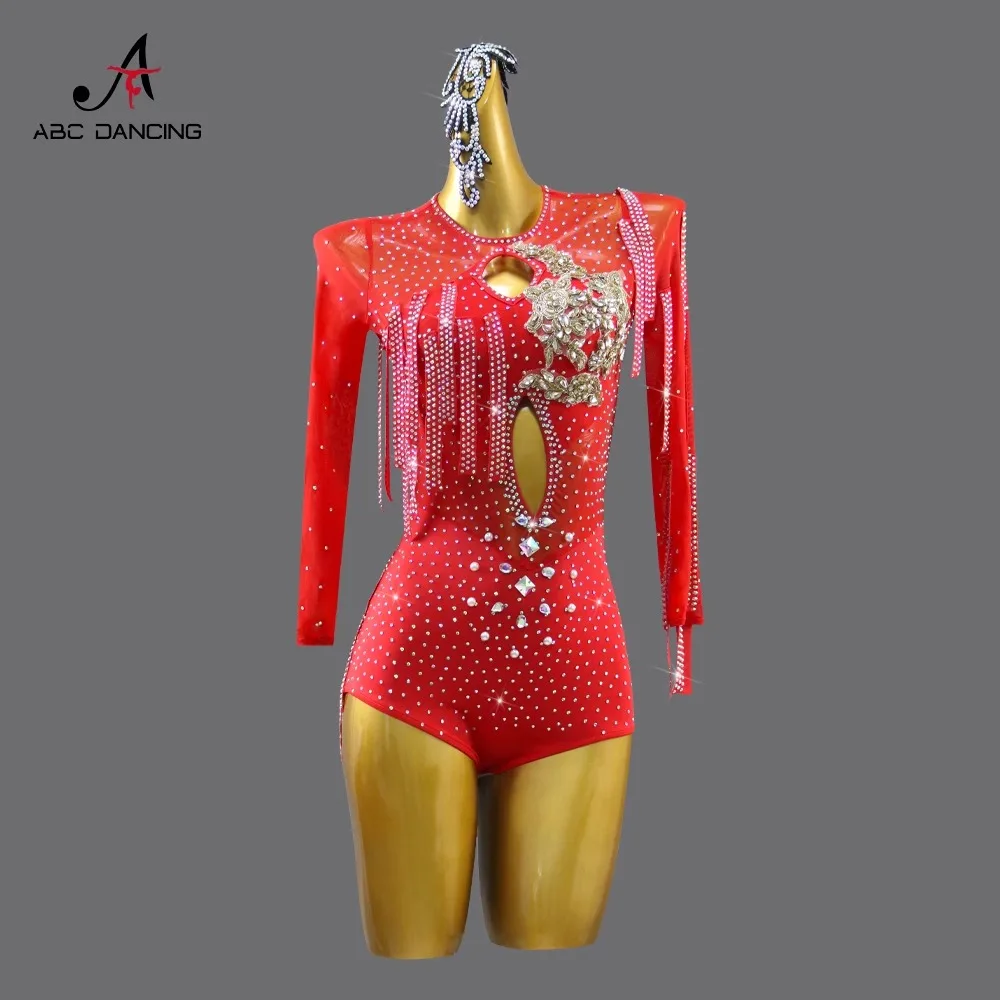 

2024 Women's Latin dance performance competition dress red belt diamond explosion flash