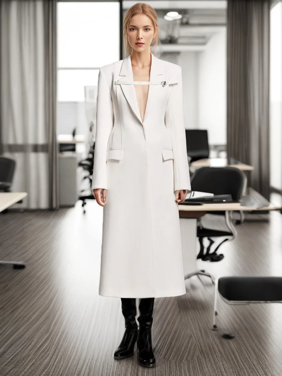 

women's fashion deep v neck button slim long trench coat solid color waisted straight jacket coat