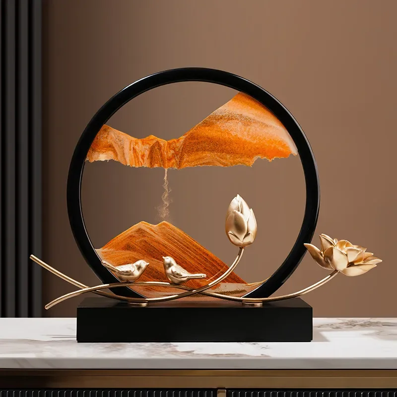 Creative Chinese Lotus Pond Moonlight Quicksand Painting Hourglass Ornament for Home Living Room Office Decor Annual Gift