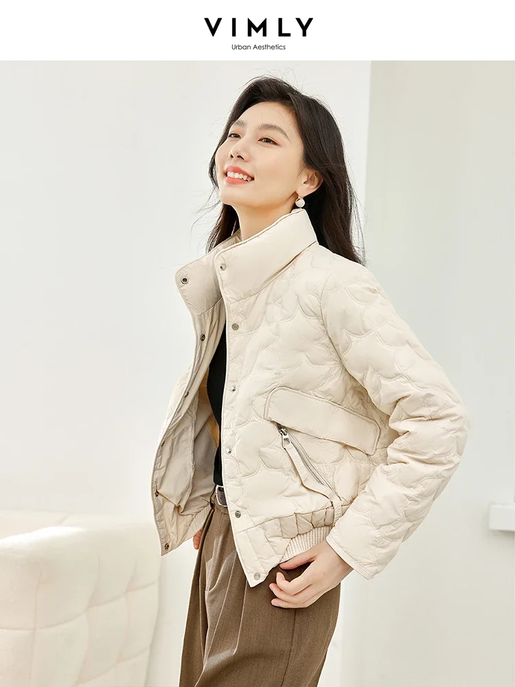 Vimly Women\'s Crop Down Jacket Stand Collar Full-zip Female Outerwear 2023 Winter Warm White Duck Down Short Coat Overcoat 50676