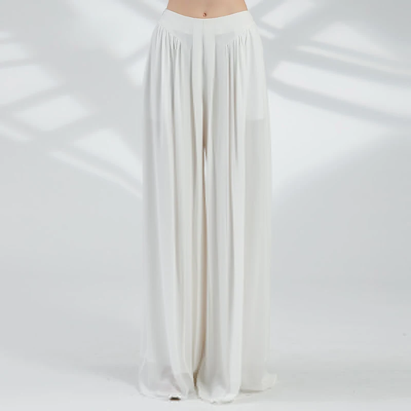 

34 Momme Heavyweight Silk Spliced Georgette Silk Pleated Side Pockets Natural Waist Bright Moon White Long Culottes KY073