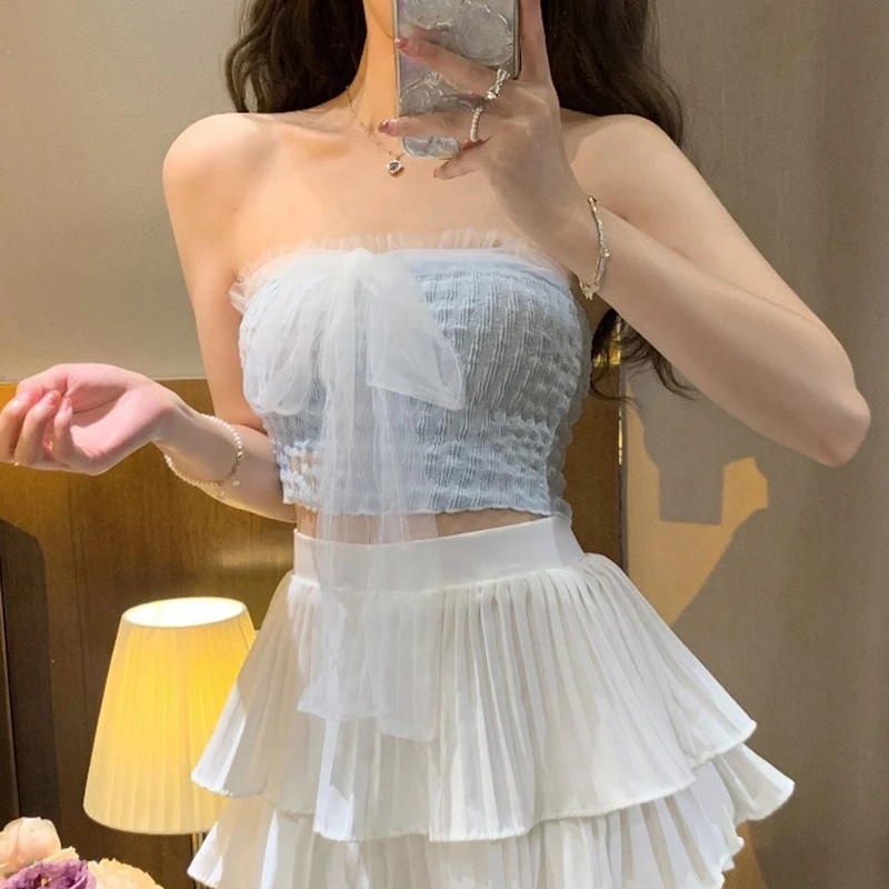 1Pc Summer Sexy Strapless Camisole Women Bow Lace Patchwork Sleeveless Slim Knitted Tank Top