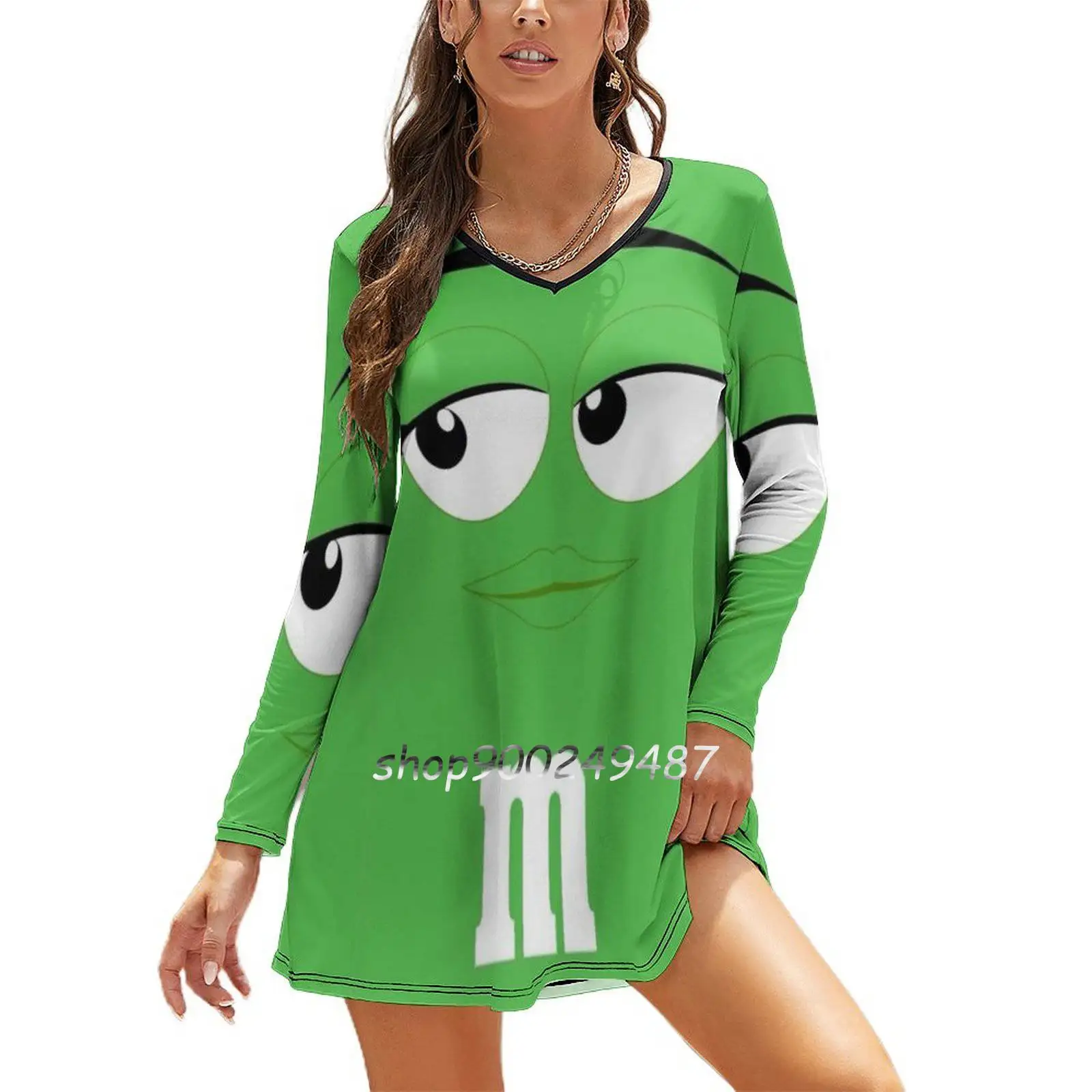 Green M&M Face Sweet Elegant Dress Women Korean Kawaii Square Collar Dress Green M M Face Halloween Costume Halloween Costume