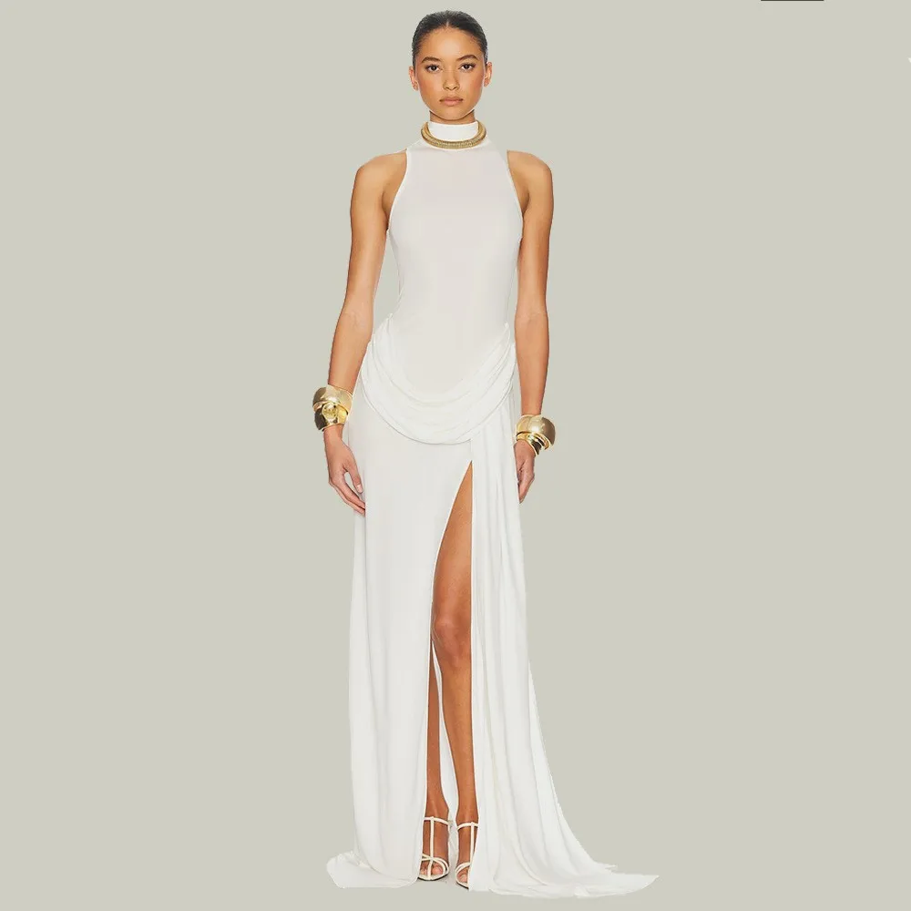 Women's Pleated Elegant Party Dress for Wedding Guest Summer Sleeveless High Waist Slit Long Chiffon Bodycon Ruffle Dress