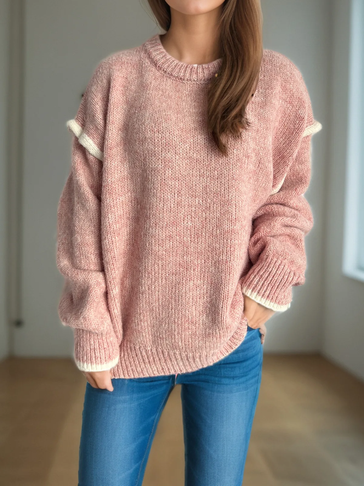 

Fashion Loose Knitted Pullover Autumn Winter Casual O-neck Long Sleeve Versatile Solid Color Splicing Sweater For Women