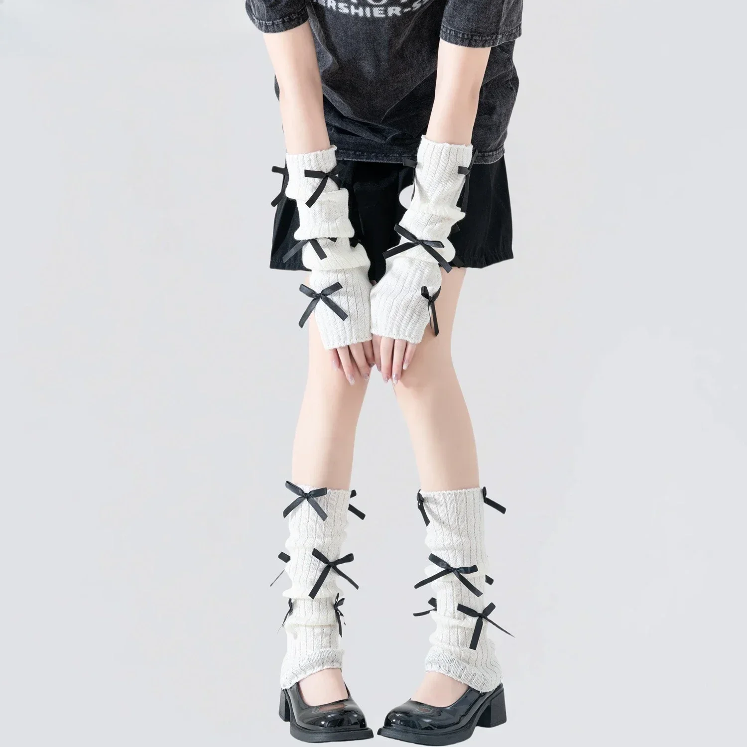 2-teiliges Handschuh-Sockenset, Kombination aus Y2K-Armset, Subkultur, freiliegende Finger, Schleife, Handschuh, Stapel, Socken-Set, Beinset