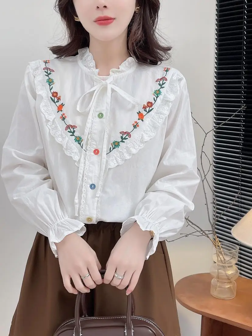 

Sweet Mori Girl Floral Embroidery Ruffles Stand Collar Cotton Shirt Women Spring Long Sleeve Single Breasted Causal Blouse Tops