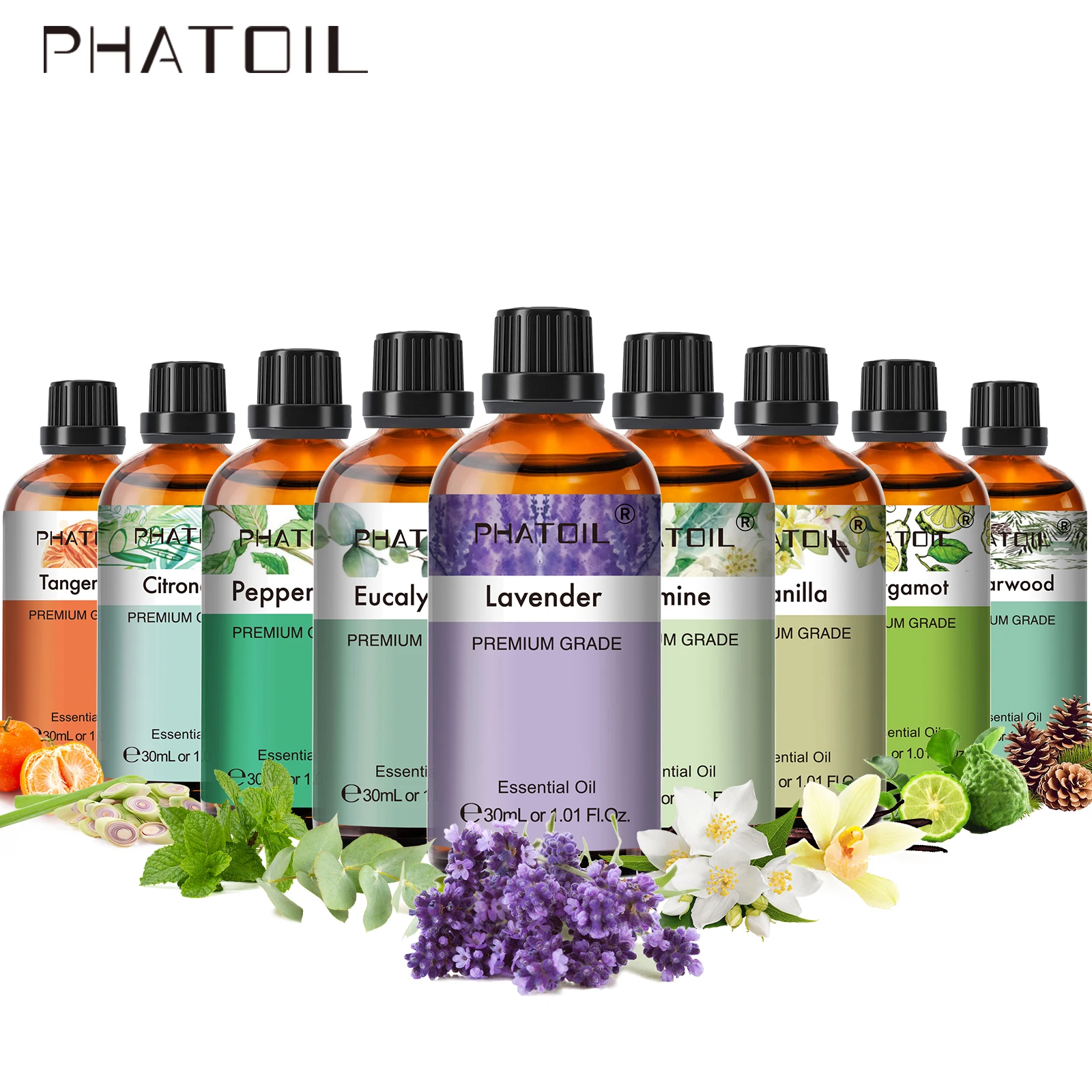 

PHATOIL 3pcs/2pcs/1pcs Aromatherapy Essential Oil Bergamot Ylang Ylang Sandalwood Lavender Eucalyptus Peppermint 30ml Aroma Oils