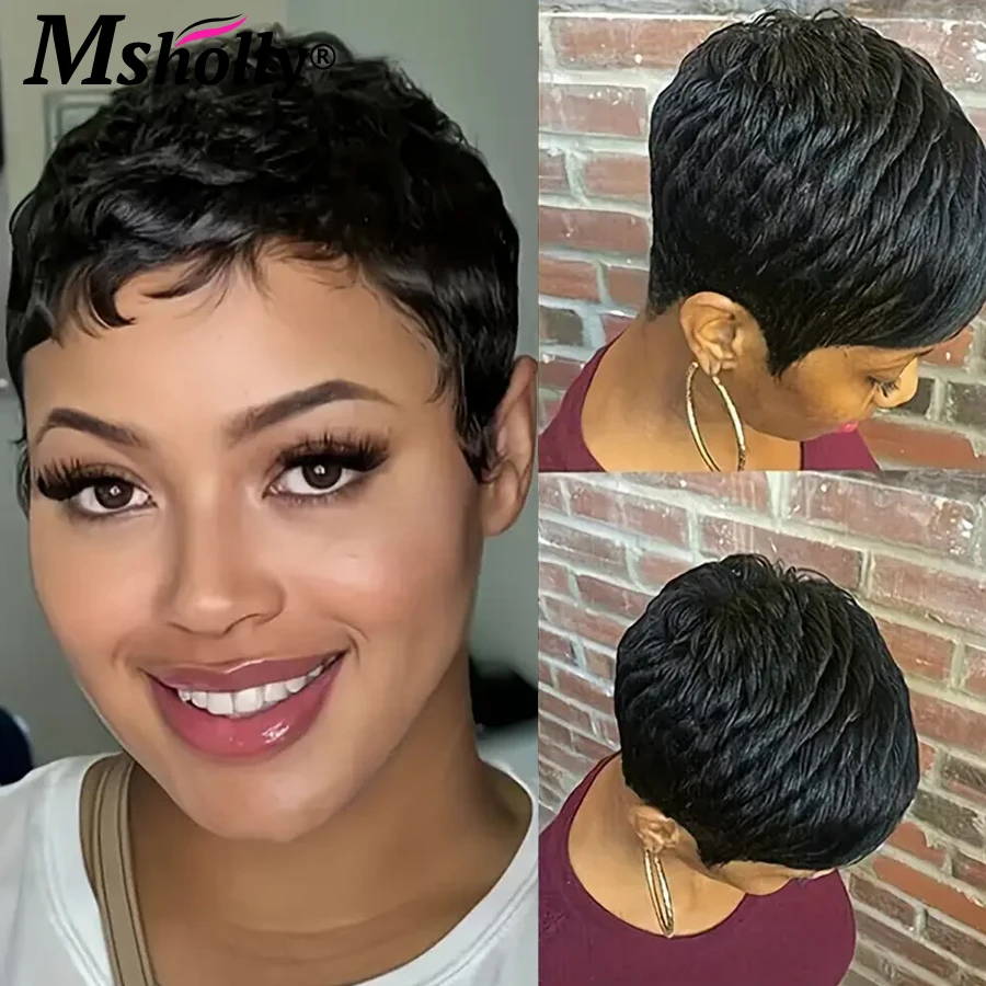 Brazilian Remy Human Hair Pixie Cut Wigs Short Prepluck Wig Cheap 180% Density Full Machine Made Human Hair Wigs For Black Women