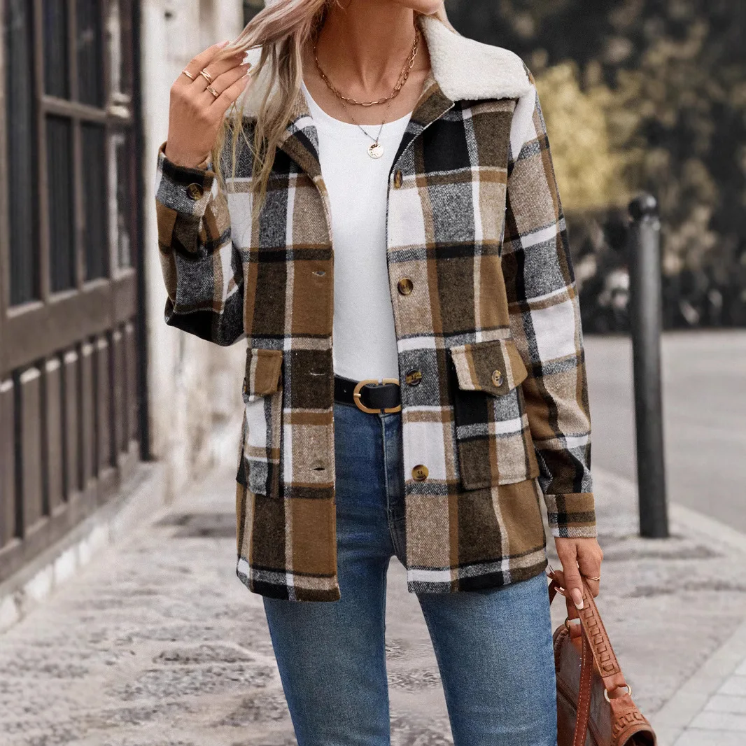 

Autumn Winter Vintage Style Flannel Collar Plaid Coat For Women