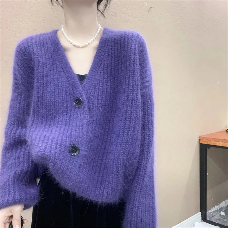 

Fashion Design Sense V-neck Knitted Sweater For Women Spring Autumn Winter Cardigan Jacket Solid Color Knitwear Top Female 2024