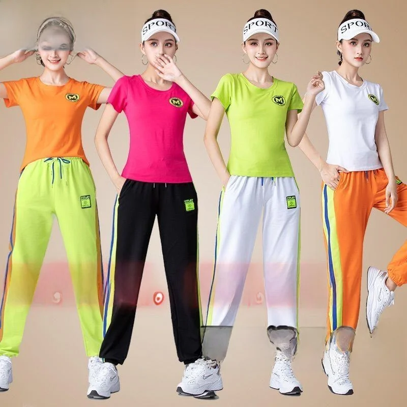 

New Women's Square Dance Performance Sportswear ort Sve Cotton Casual Fitn Clothes Summer Outfit Set