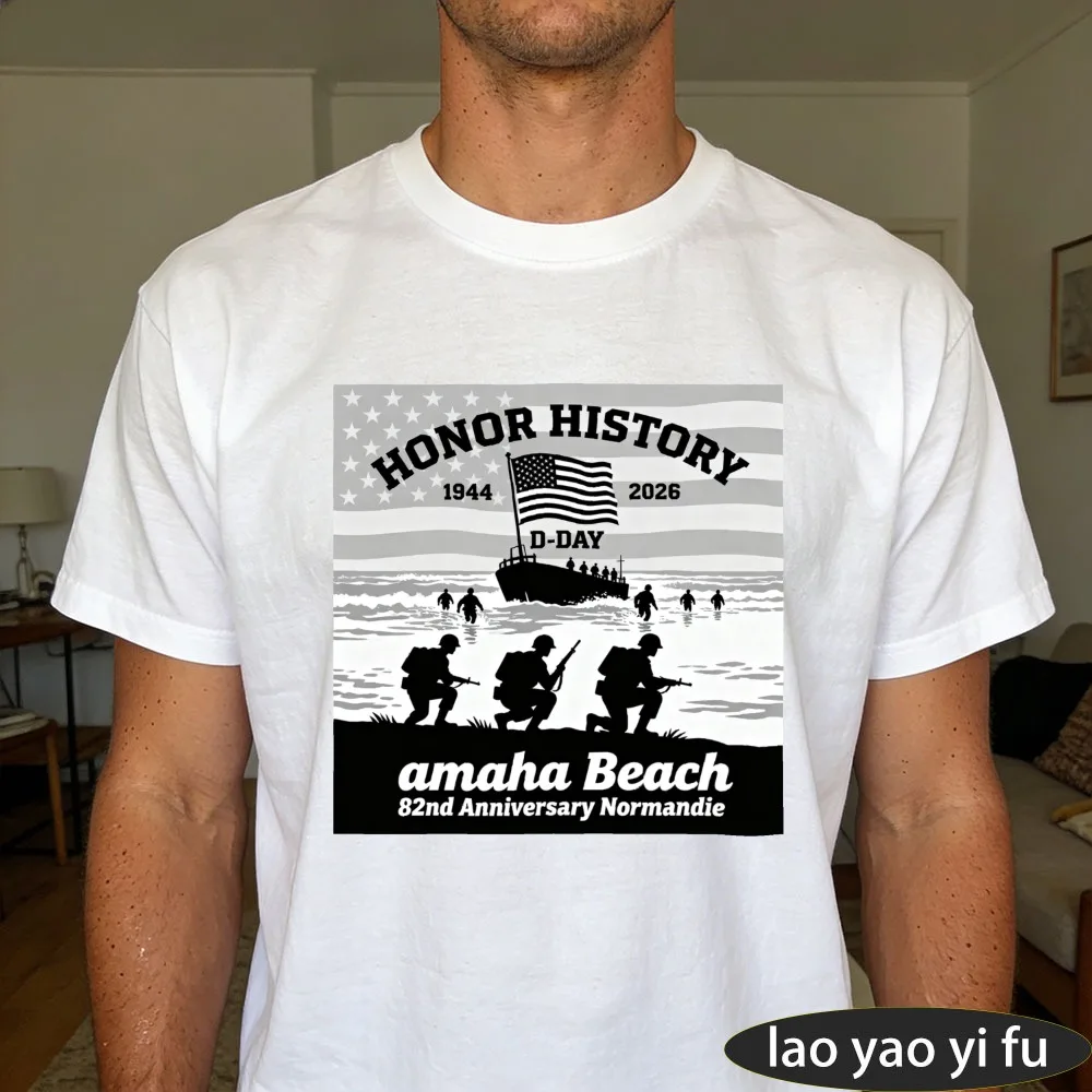 Men D-Day Omaha Beach 82nd Anniversary Normandie T-Shirt 1944-2026 Honor History Patriotic US Flag Print Short Sleeve Casual Tee