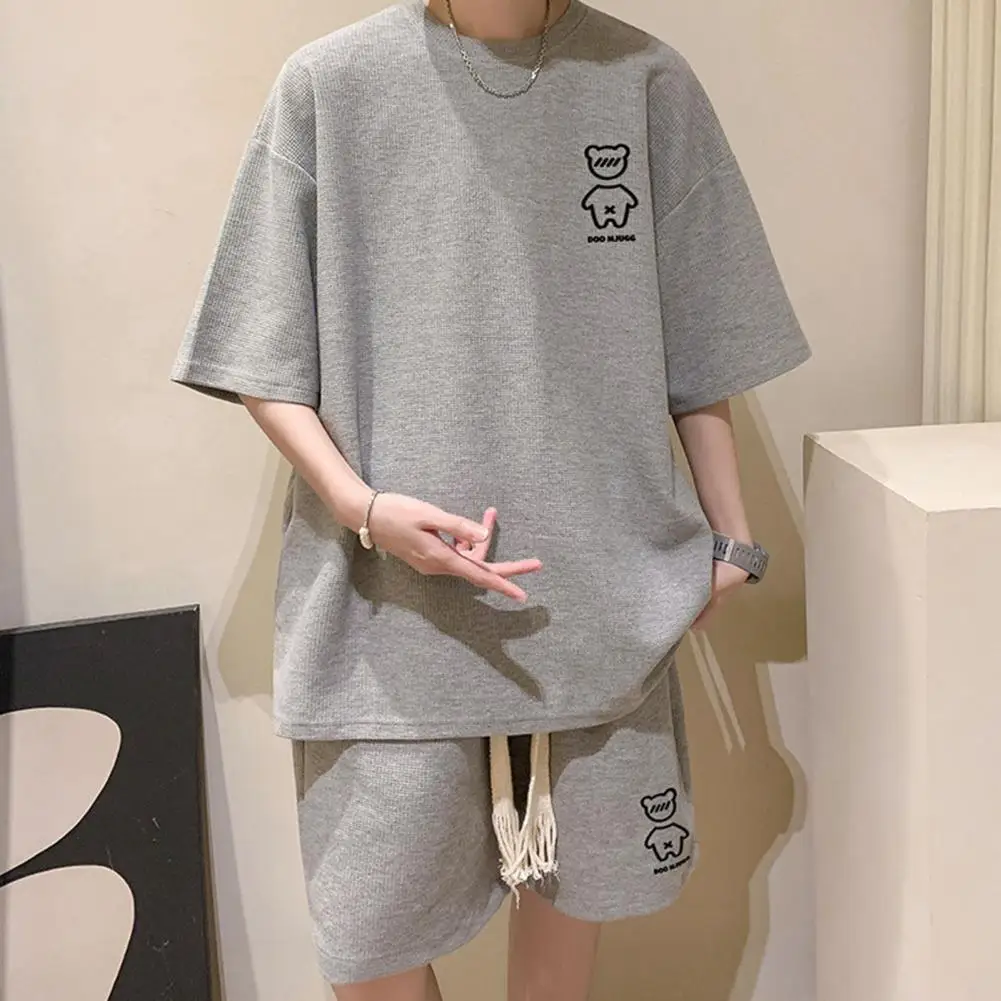 Setelan celana pendek gaya Korea pria, baju atasan pendek musim panas longgar tali serut bernafas lembut