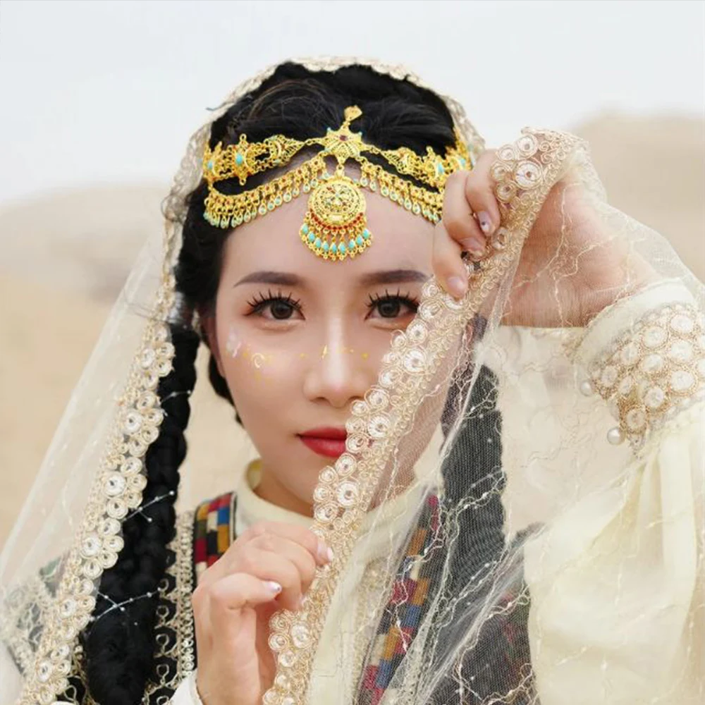 Tocado con borlas de moneda afgana gitana Retro, joyería de flores huecas para mujer, accesorio para el cabello turquesa de la tribu étnica de cristal para la frente