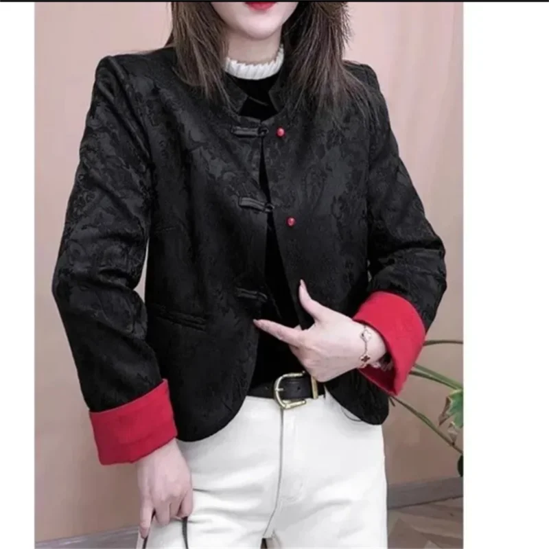 Retro Buckle Button Coat Women's Short Jackets Chinese style Coat for Female Stand Collar Stitching Outwear Spring Autumn Coats