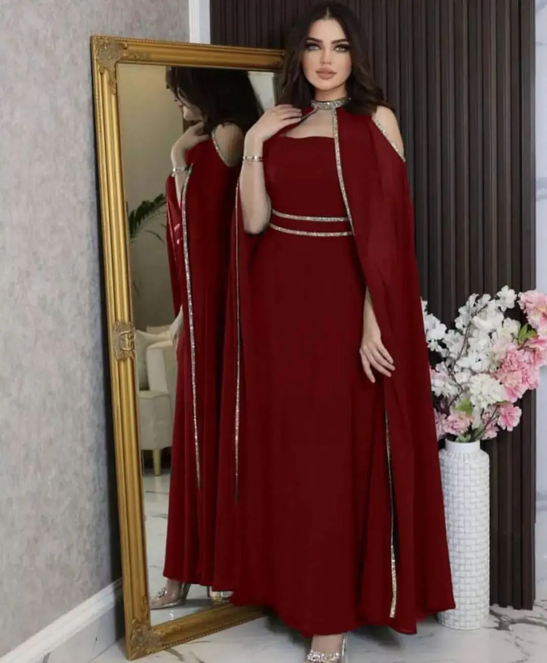 

Noble Deep Red Triangle Collar Prom Dress Shawl Sleeves With Ankle Length Evening Summer Elegant Party Dress For Women2023