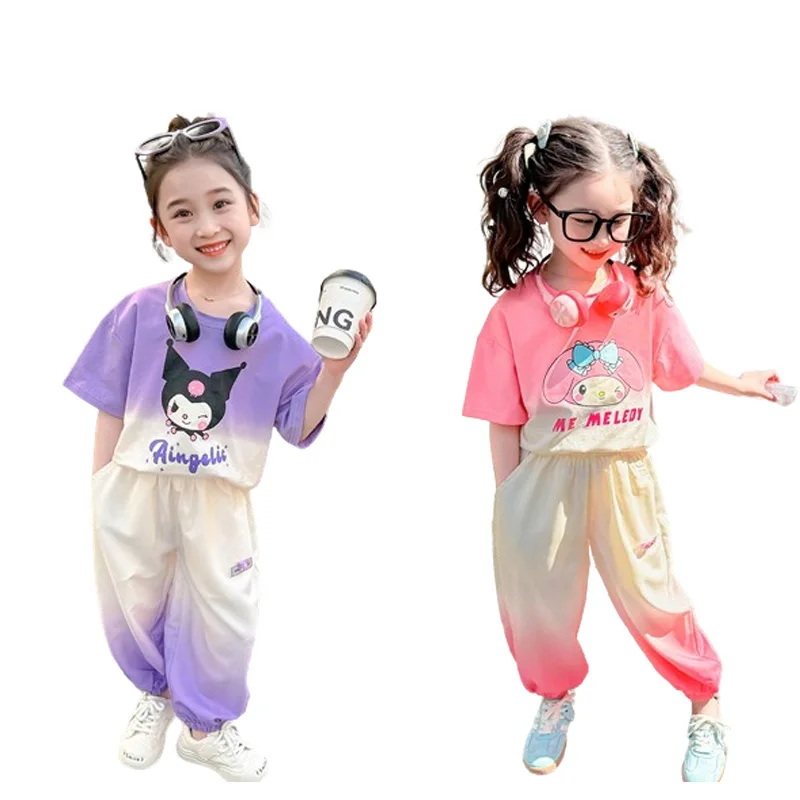 

New Sanrios Kids My Melody Girls Color Matching Sweatshirt Set Cartoon Summer Anime Casual Comfortable Kawaii Two Piece Set Cute