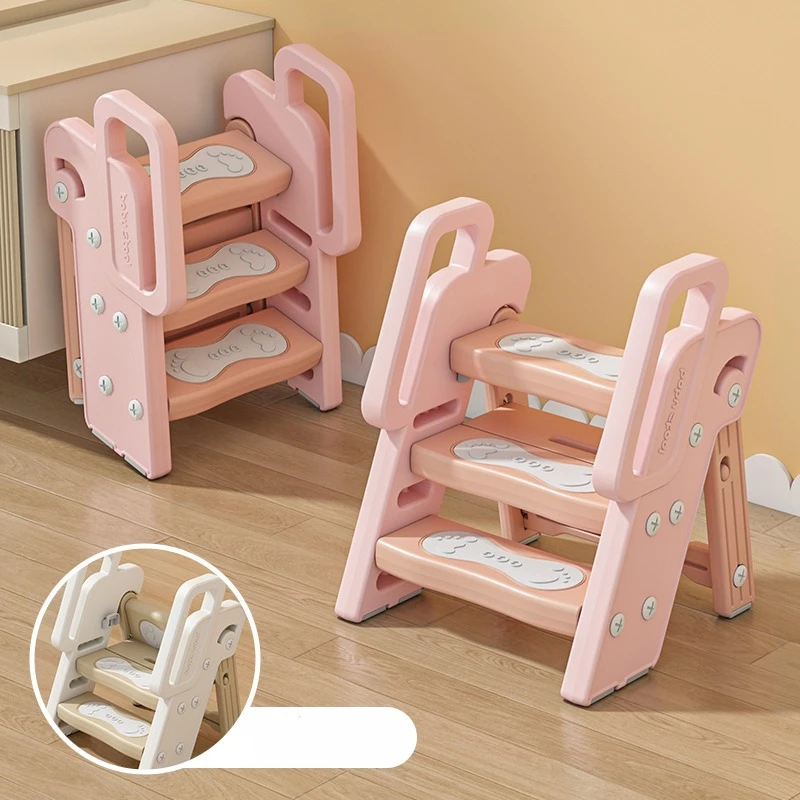 Kids' Foldable Bathroom Step Stool, Non-Slip Washing Platform with Handrail, Space-Saving Vanity Stool for Sink Access