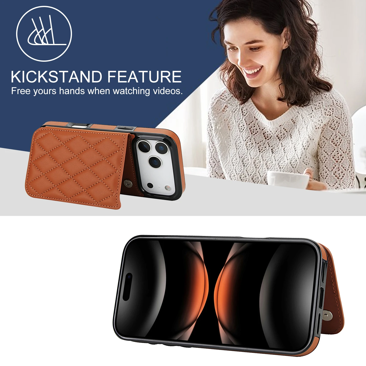 Odporne na wstrząsy skórzane etui-portfel z przegródkami na karty do iPhone 17 Pro Max, 16, 15, 14 Plus, 18 Pro Max, z podstawką i kieszeniami na karty. — zdjęcie produktu 5