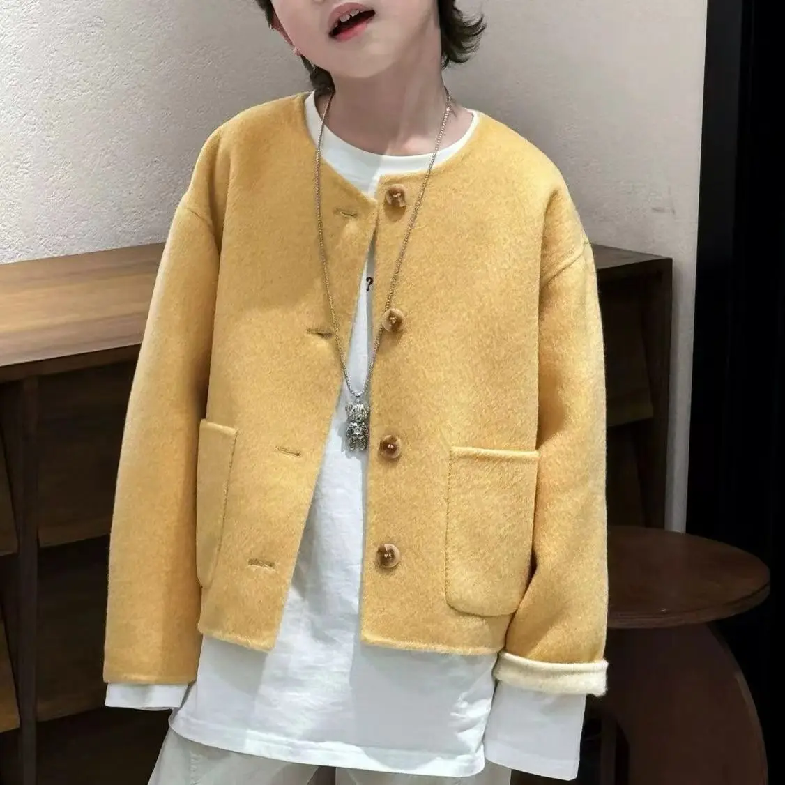 Boys Woolen Jacket 2026 Autumn and Winter New Yellow Short Woolen Jacket