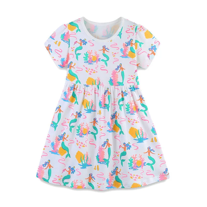 Fashion Summer Meimaid Print Princess Dress for Girls 2-7T Toddler Short Sleeve Party Frocks Children's New Arrival Baby Dresses
