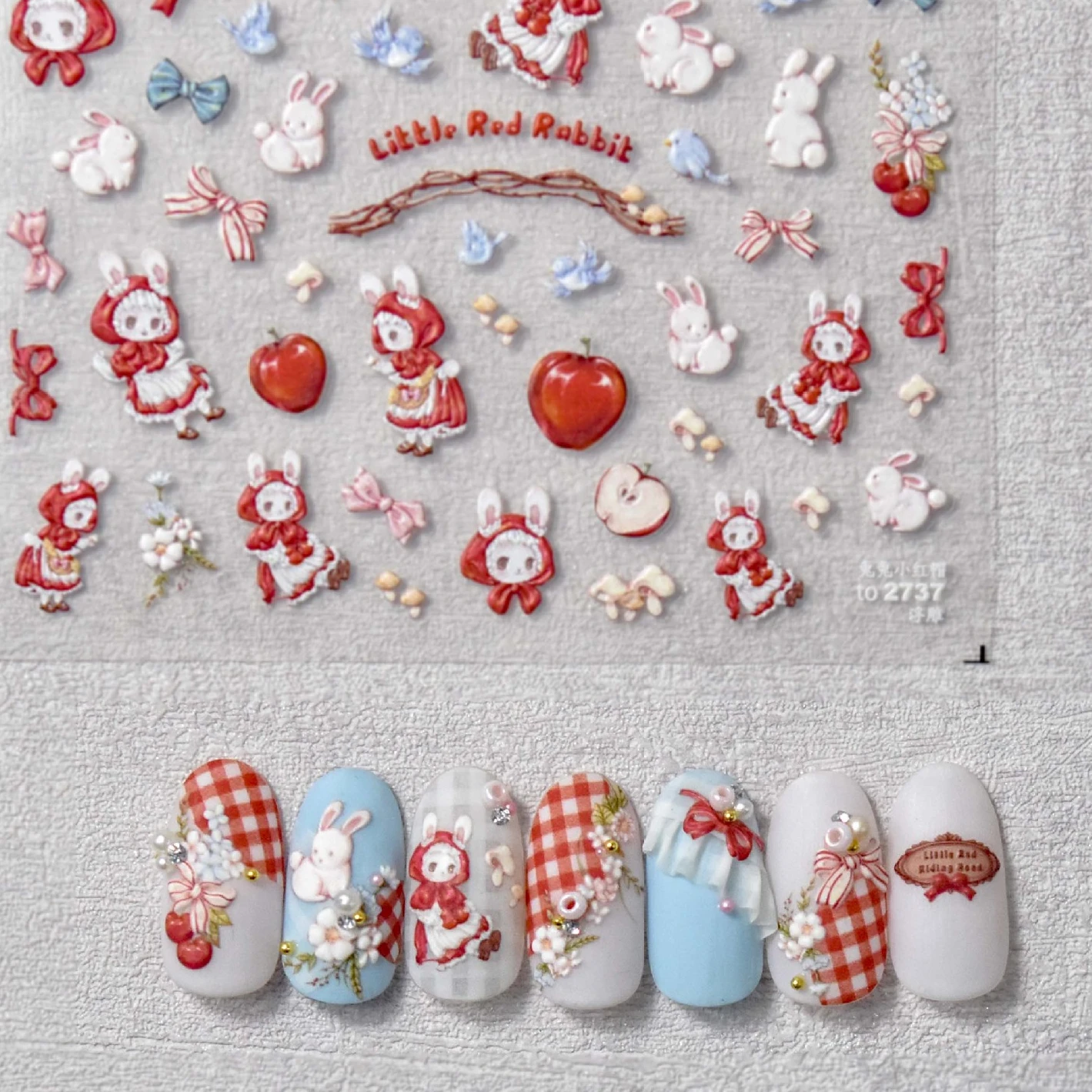 Cute Little Red Rabbit Apple Bowknot 5D Soft Embossed Reliefs Self Adhesive Nail Art Stickers Lovely Bunny 3D Manicure Decals