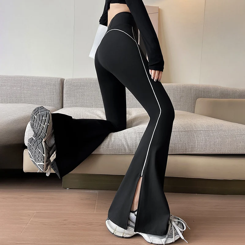 American Striped Side Split Yoga Trousers Women Spring Autumn Fashion Sports Flared Pants 2025 Slim Fit Sharkskin Black Leggings
