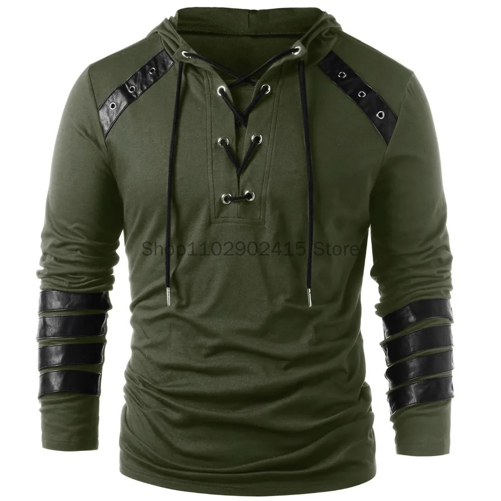 

Medieval Men's Gothic Steampunk Hoodie Cosplay Shirts Sweatshirt Lace Up Long Sleeve Pullover Hooded Casual Blouse Tops