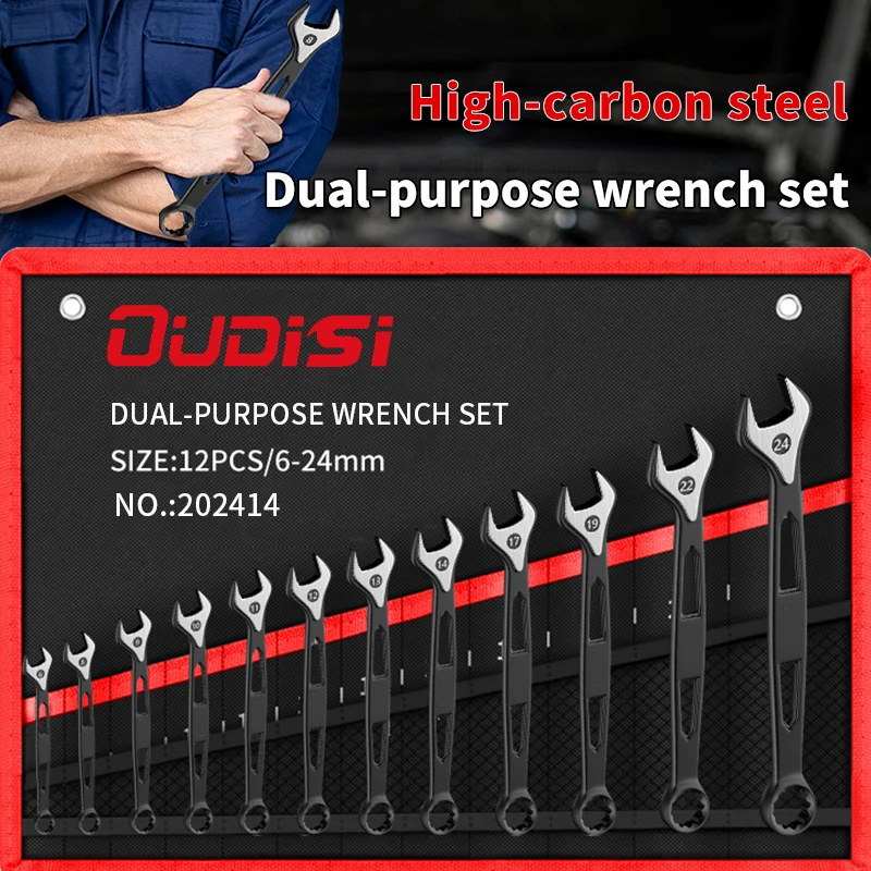 Schwarzes Schraubenschlüssel-Set mit zwei Enden – 12-teilige metrische und SAE-Größen mit robuster Aufbewahrungsrolle für Mechaniker