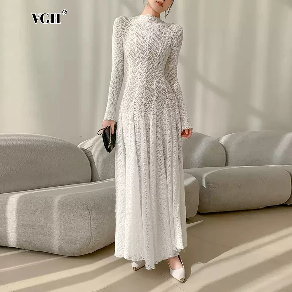 

VGH Sexy White Tiered Slim Long Dresses for Women Stand Collar Long Sleeve Patchwork Embroidery Temperament Dress Female Clothes