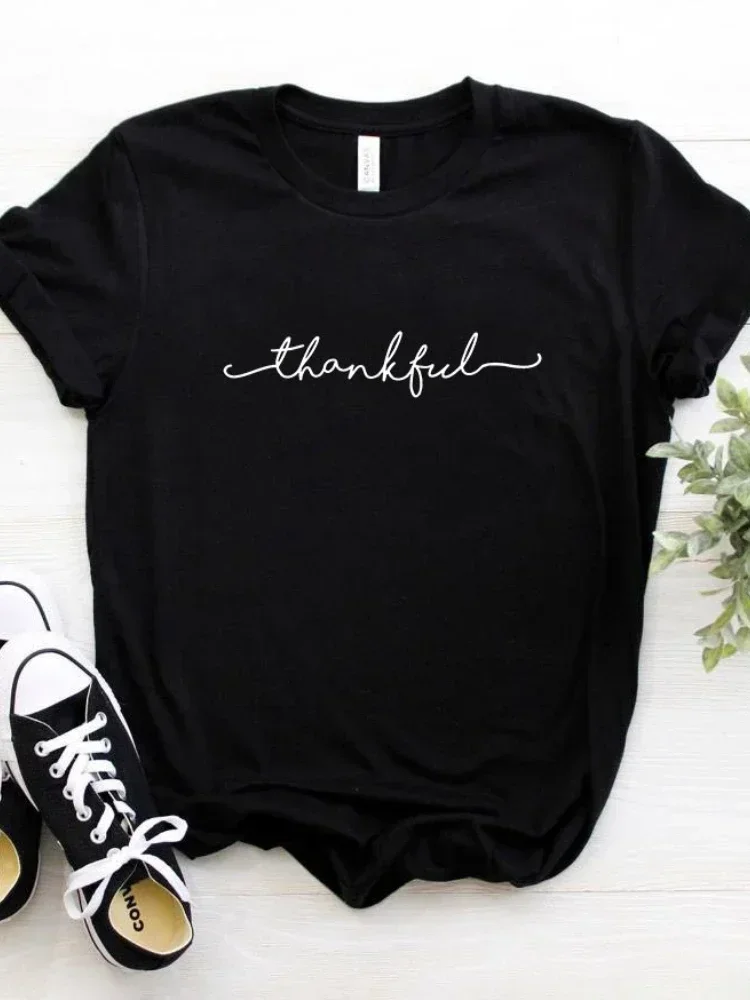 

2024 Thankful Letter Print T Shirt Women Short Sleeve O Neck Loose Tshirt Ladies Summer Women Tee Shirt Tops Mujer Cotton