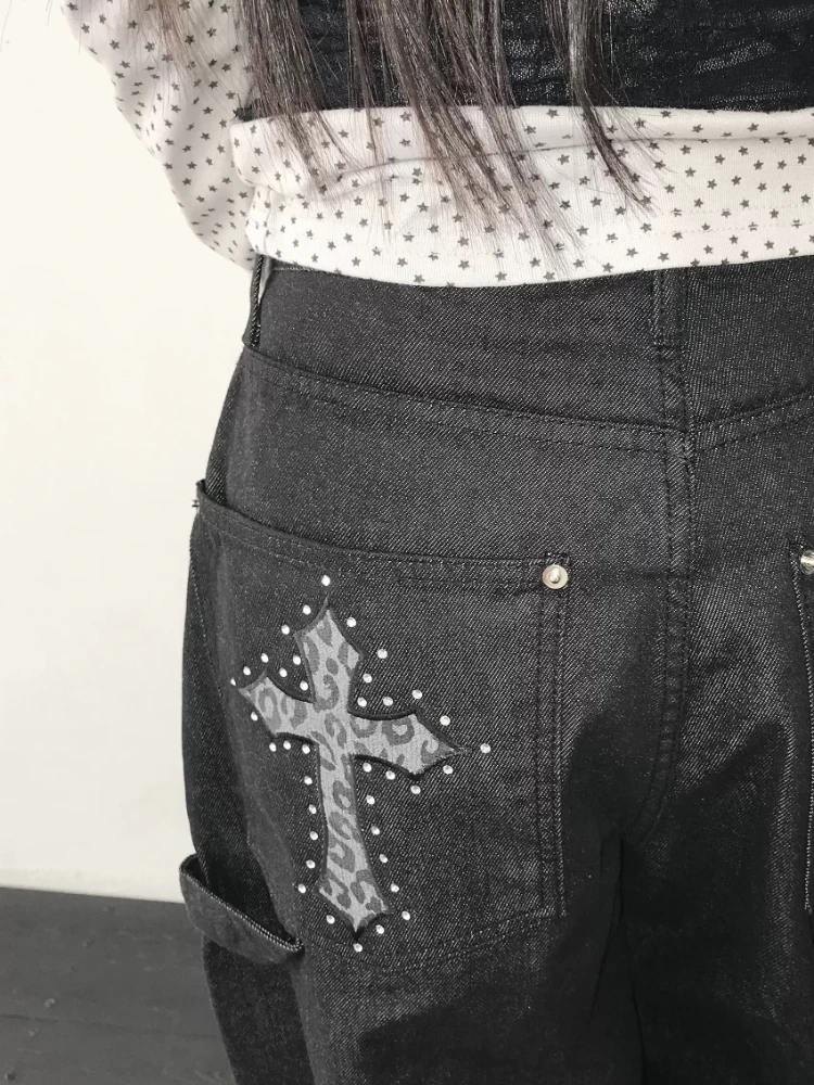 Deeptown Black Leopard Graphic Cross Jeans Women Vintage Rhinestone Wide Leg American Style Denim Trousers Baggy High Street