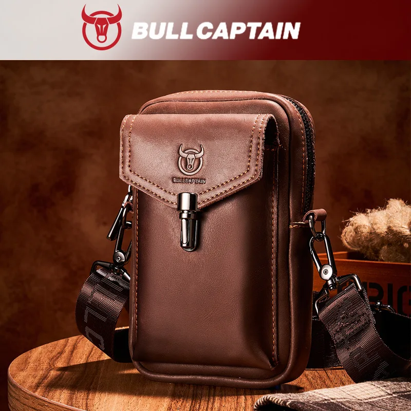 Retro crazy horse leather buckle zipper man wearing real leather belt crossbody square waist hanging wallet