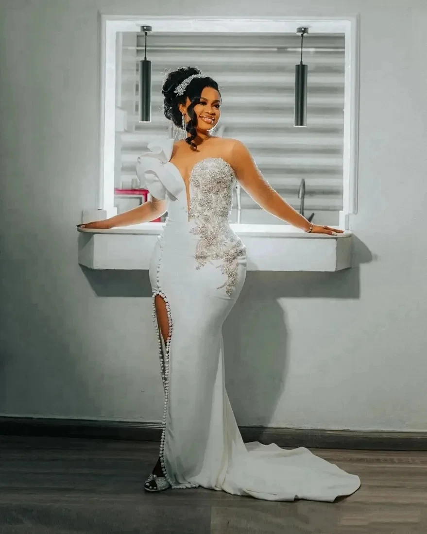 Slit South African Wedding Dresses Black Girls Mermaid Long Sleeves Beaded Bridal Gown Vestido De Noiva Customized