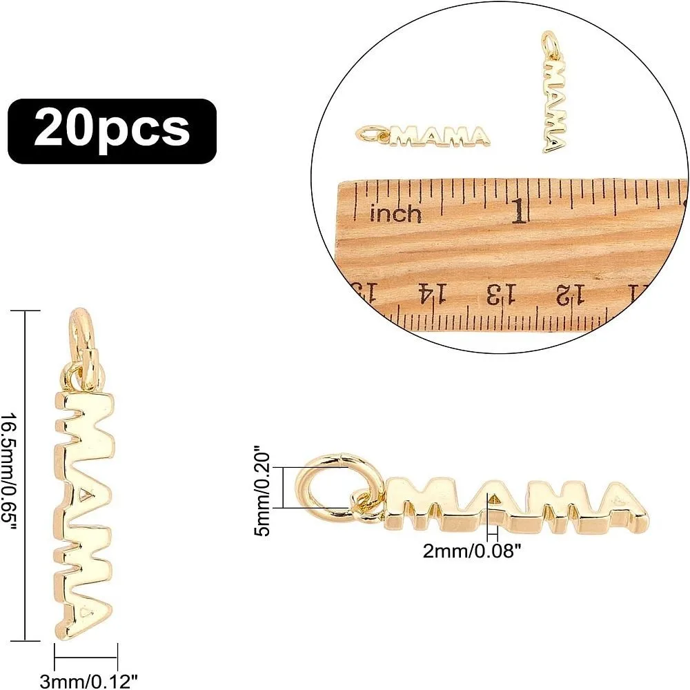1box 20pcs Brass Pendants with Jump Ring Long-Lasting  Word MAMA     16.5x3x2mm Hole: 3mm Jump Ring: 5x0.8mm