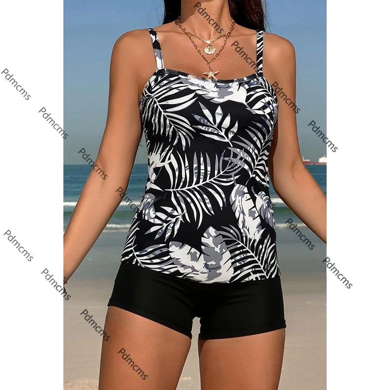 

2025 new European and American printed sleeveless split swimsuit women's conservative belly cover two-piece beach swimsuit