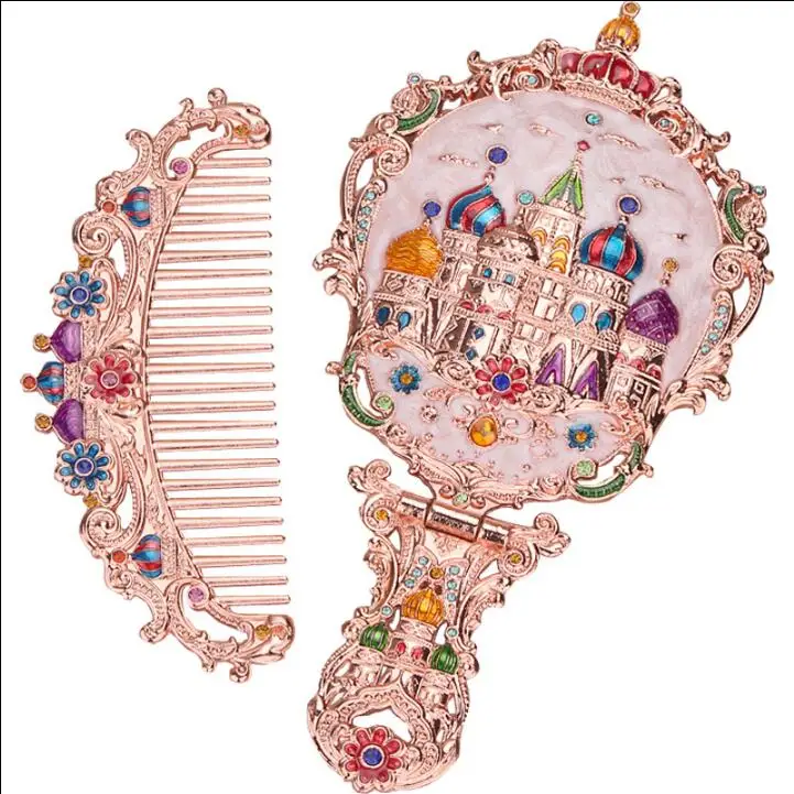 روسيا مرآة صغيرة محمولة باليد مع مجموعة مشط مرآة مستحضرات التجميل المحمولة الرجعية مرآة الأميرة سطح المكتب القابلة للطي #5