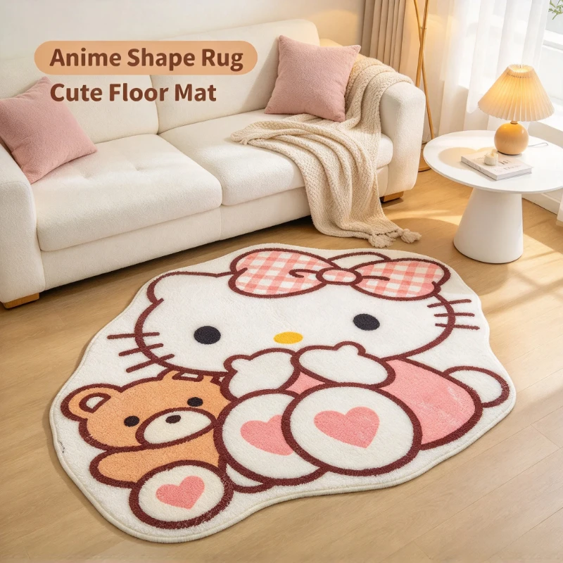 Entryway Door Mat Hello Kitty Teddy Bear Irregular Short Plush Non‑Slip High Absorbent Home Rug Y2K Home Decor Gift