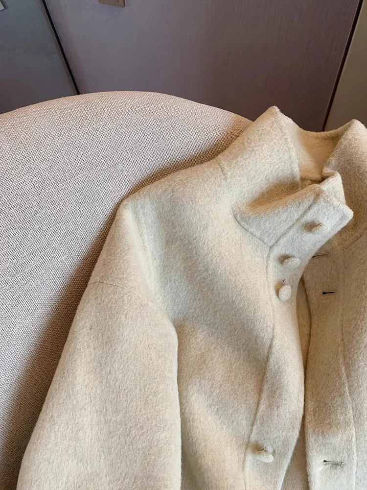 Dwustronna wełniana bluzka damska Ele na jesień i zimę, luźny krój, uniwersalna stójka, zapinana na guziki, jednolity kolor.