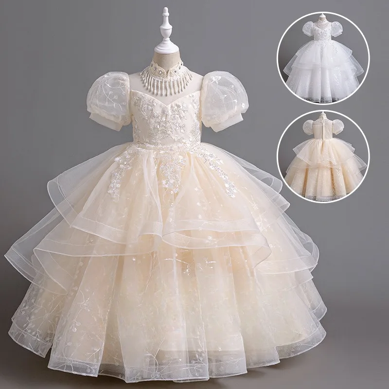 Luxury Flower Girl Elegant Party Dress Princess Sequins Beading Christmas Wedding Dress Tween Children Girl Dress Gauze Vestidos