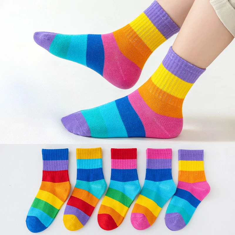 5 Pairs of Baby Socks Elastic Anti-ball Unleering Spring and Autumn Fashion Personality Rainbow Cotton Socks for Boys and Girls