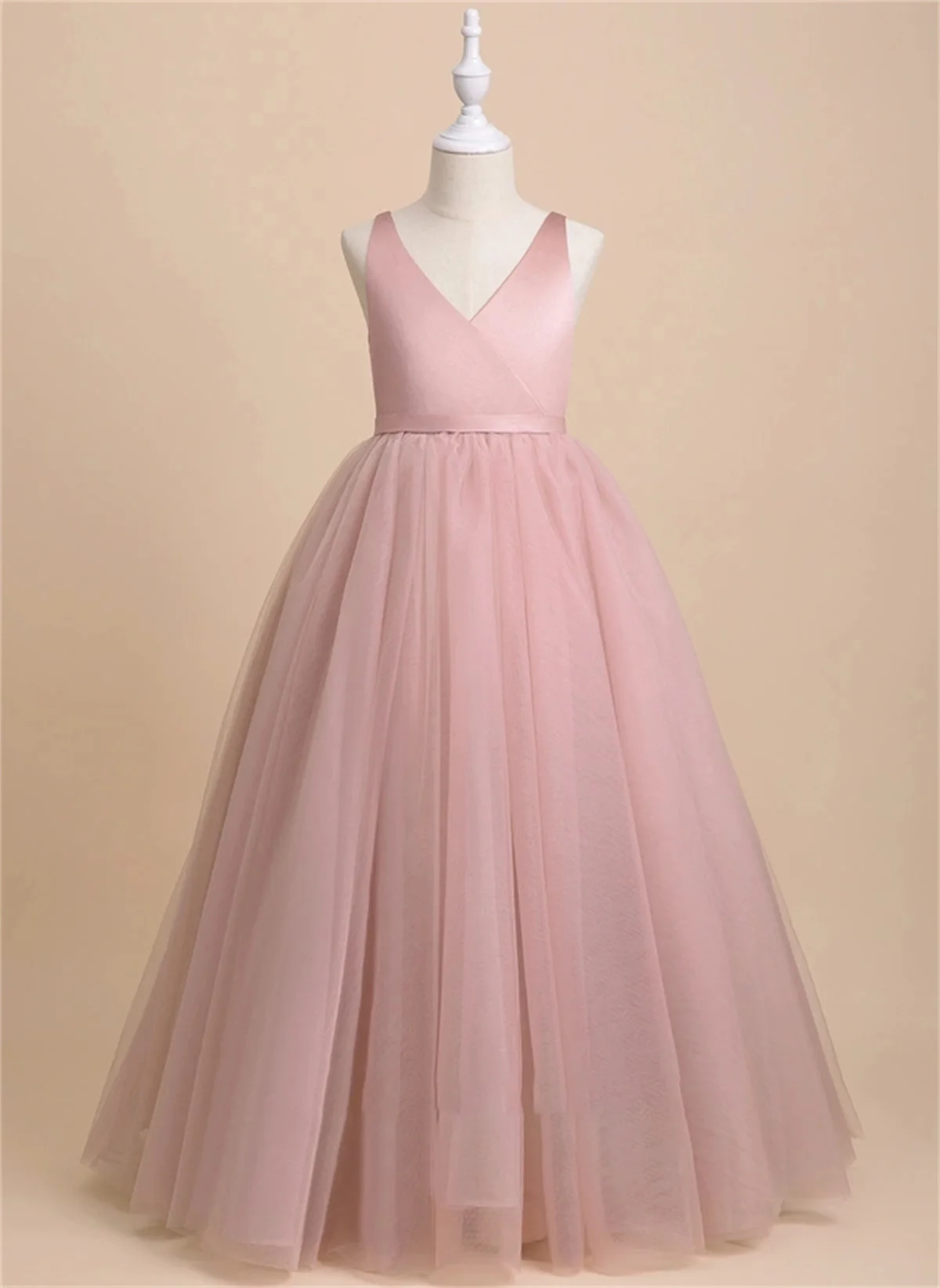 Wedding Flower Girl Dress V-Neck Sleeveless Belt Tulle Puffy Pink Backless Bow Simple Custom Color Size Vestidos Para Niñas