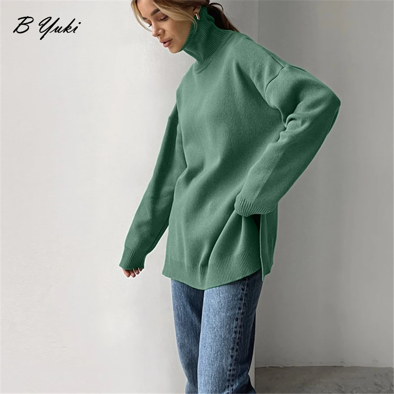 Blessyuki Oversized Cashmere Split Knitted Sweater Women  2023 Winter Basic Thicken Warm Turtleneck Pullover Female Soft Jumper