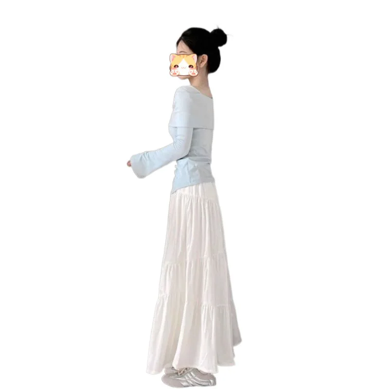 French Gentle Style Butterfly Knot Design Long Sleeve Split High Waist Slim Fit Midi Skirt And Top Set for Women Autumn Blue