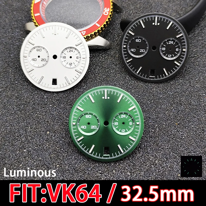 32,5mm VK64 Uhrwerk-Zubehör - Blau-Grün Leuchtendes Schwarz/Weiß/Grün Kreisförmiges Zwei-Augen-Kalender-Zifferblatt-Zubehör