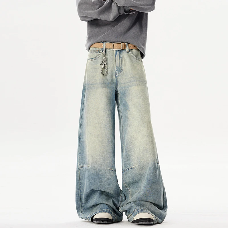 Vintage Chic Gradient Color Blue Men's Jeans Trendy Wide Leg Draped Straight Denim Pants American Style Trousers